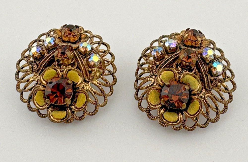 Vintage Western Germany Aurora Borealis & Amber Rhinestones Clip Earrings